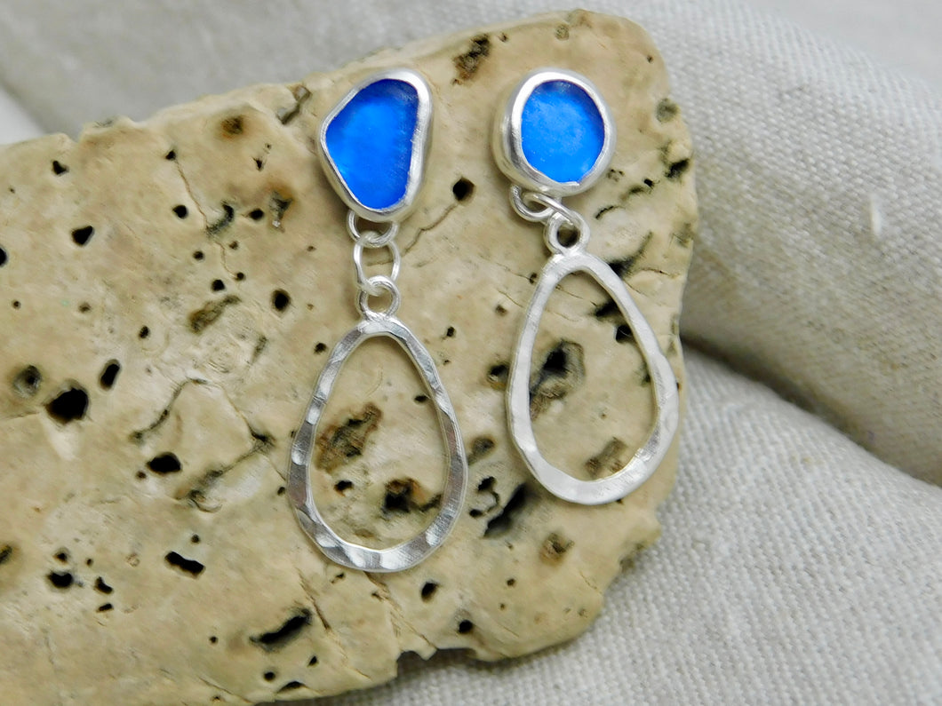 Bright Blue Sea Glass Sterling Silver Stud Dangles