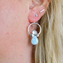 Load image into Gallery viewer, Rainbow Moonstone and Larimar Sterling Silver Hoop Dangles
