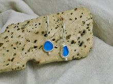 Load image into Gallery viewer, Blue Sea Glass Sterling Silver Hoop Dangles
