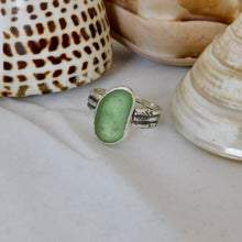 Load image into Gallery viewer, Green Sea Glass Sterling Silver Aztec Stamped Ring
