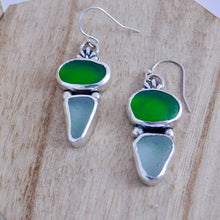 Load image into Gallery viewer, Bright Green and Sea Foam Sea Glass Sterling Silver Dangles
