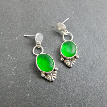 Load image into Gallery viewer, Bright Green Glass Sea Studs Sterling Silver Dangles
