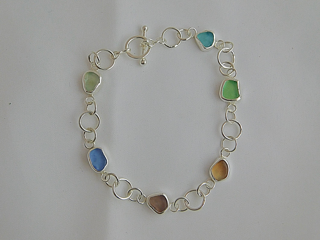 Rainbow Sea Glass Sterling Silver Hoop Link Bracelet
