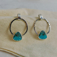 Load image into Gallery viewer, Iranian Turquoise Boho Sterling Silver Hoop Studs
