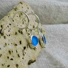 Load image into Gallery viewer, Blue Sea Glass Sterling Silver Hoop Dangles
