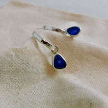 Load image into Gallery viewer, Blue Sea Glass Sterling Silver Hammered Hoop Dangles
