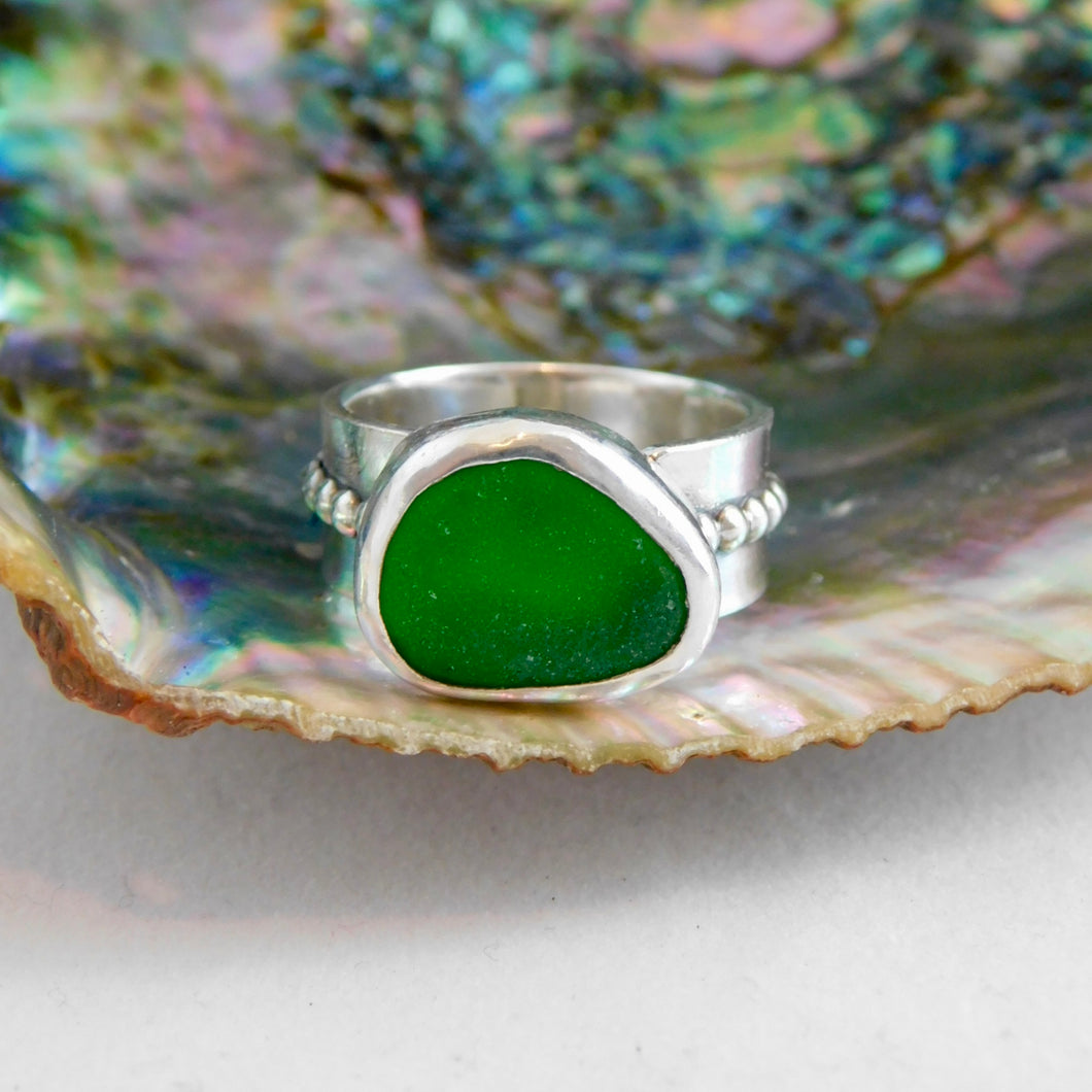 Bright Green Sea Glass Sea Foam Sterling Silver Ring