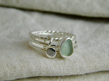 Load image into Gallery viewer, Aqua Sea Glass and Rainbow Moonstone Triple Sterling Silver Ring
