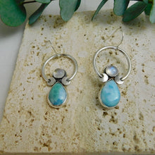 Load image into Gallery viewer, Rainbow Moonstone and Larimar Sterling Silver Hoop Dangles
