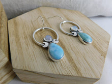 Load image into Gallery viewer, Rainbow Moonstone and Larimar Sterling Silver Hoop Dangles
