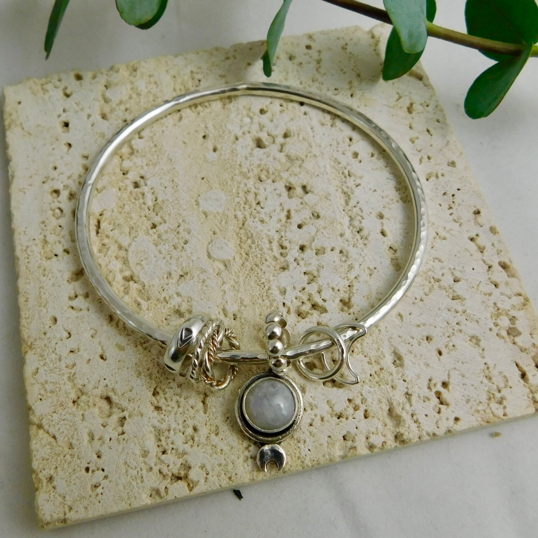 Chunky Rainbow Moonstone Charm Sterling Silver Bangle