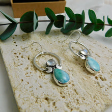 Load image into Gallery viewer, Rainbow Moonstone and Larimar Sterling Silver Hoop Dangles
