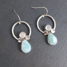 Load image into Gallery viewer, Rainbow Moonstone and Larimar Sterling Silver Hoop Dangles
