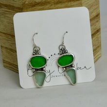 Load image into Gallery viewer, Bright Green and Sea Foam Sea Glass Sterling Silver Dangles
