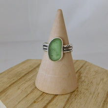 Load image into Gallery viewer, Green Sea Glass Sterling Silver Aztec Stamped Ring
