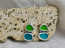 Load image into Gallery viewer, Double Green Sea Glass Sterling Silver Studs Dangles
