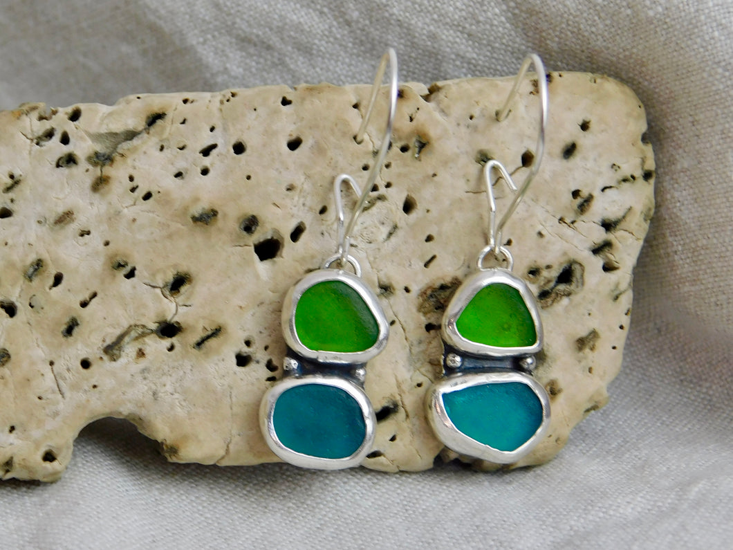 Double Green Sea Glass Sterling Silver Studs Dangles