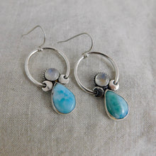 Load image into Gallery viewer, Rainbow Moonstone and Larimar Sterling Silver Hoop Dangles
