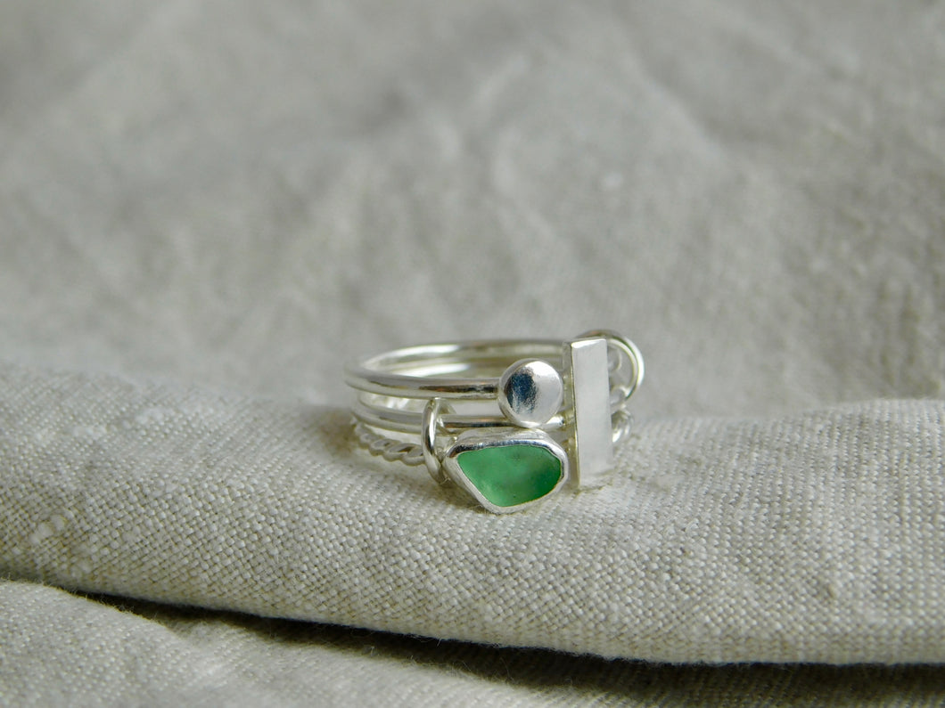 Light Green Sea Glass Triple Sterling Silver Ring