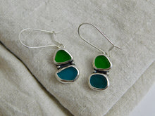 Load image into Gallery viewer, Double Green Sea Glass Sterling Silver Studs Dangles
