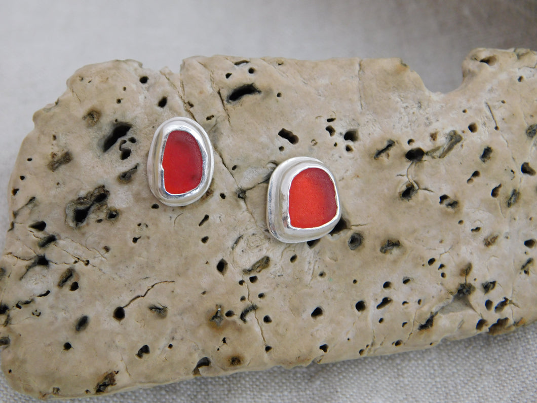 Red Sea Glass Sterling Silver Studs