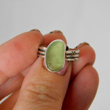 Load image into Gallery viewer, Green Sea Glass Sterling Silver Aztec Stamped Ring
