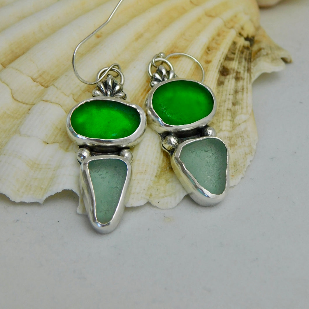 Bright Green and Sea Foam Sea Glass Sterling Silver Dangles