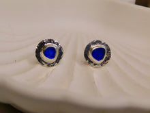 Load image into Gallery viewer, Mid Blue Sea Glass Hammered Sterling Silver Studs
