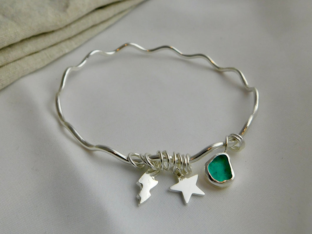 Wavy Sea Glass Charm Sterling Silver Bangle