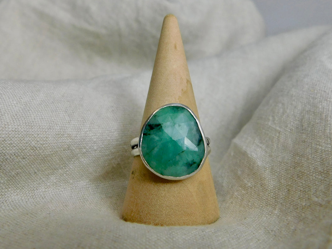 Emerald Aztec Stamped Sterling Silver Ring