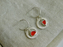 Load image into Gallery viewer, Orange Sea Glass Sterling Silver Hoop Dangles
