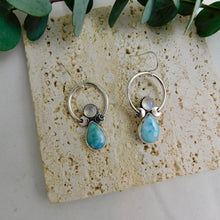 Load image into Gallery viewer, Rainbow Moonstone and Larimar Sterling Silver Hoop Dangles
