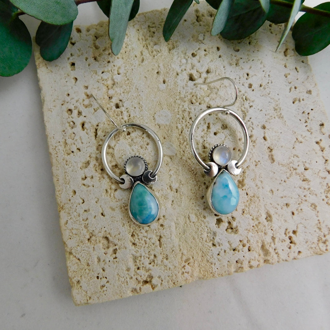 Rainbow Moonstone and Larimar Sterling Silver Hoop Dangles