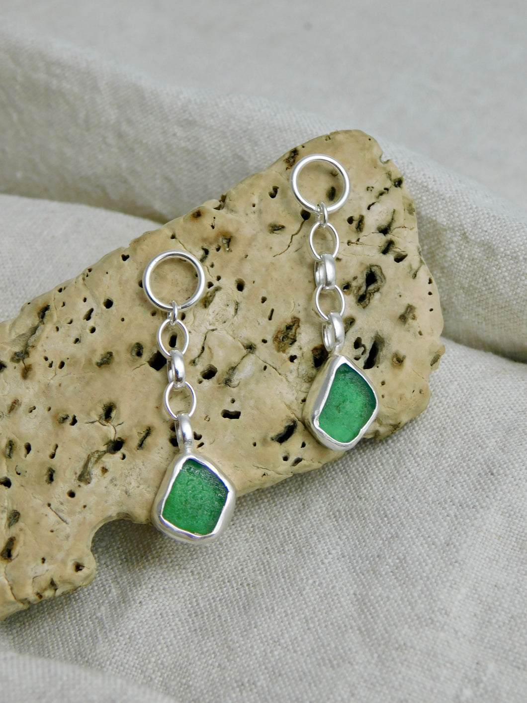 Green Sea Glass Sterling Silver Studs Dangles