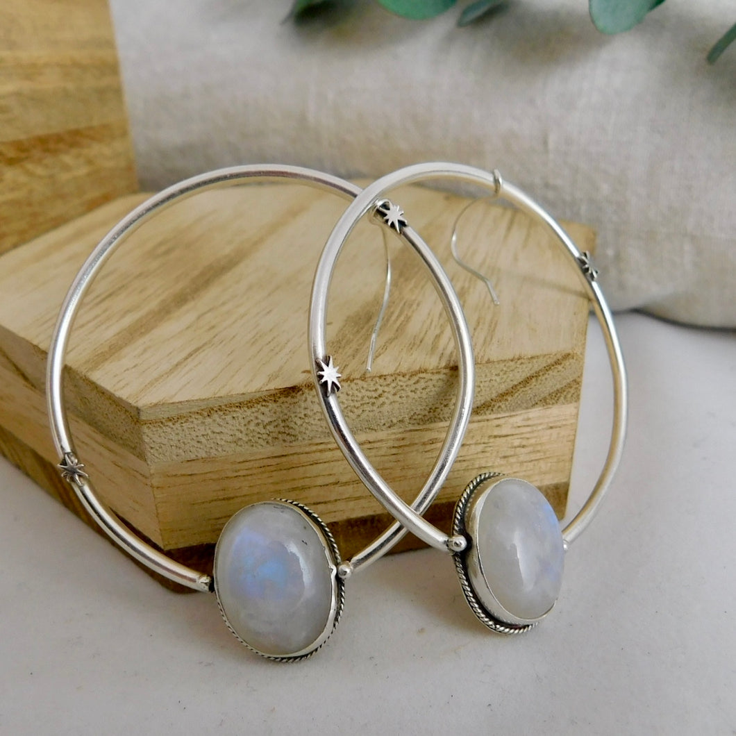 Rainbow Moonstone North Star Sterling Silver Hoop Dangles