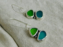 Load image into Gallery viewer, Double Green Sea Glass Sterling Silver Studs Dangles

