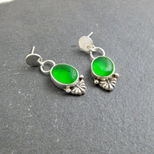 Load image into Gallery viewer, Bright Green Glass Sea Studs Sterling Silver Dangles
