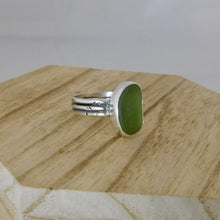 Load image into Gallery viewer, Green Sea Glass Sterling Silver Aztec Stamped Ring
