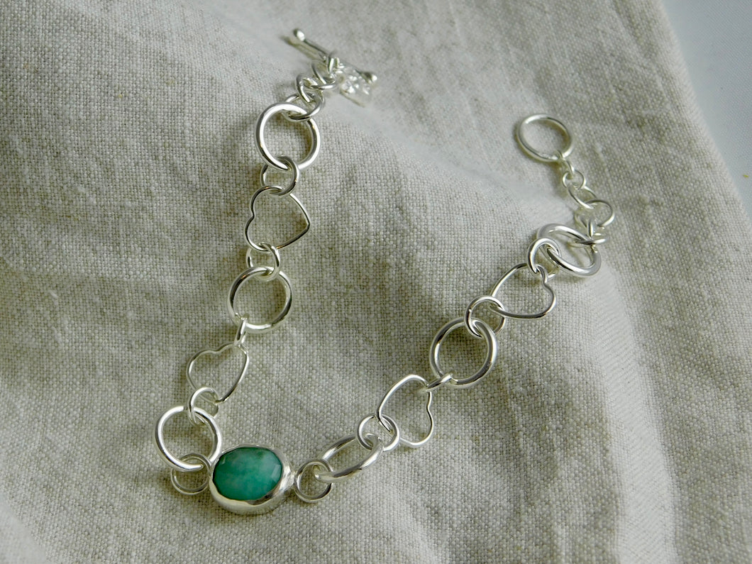 Emerald Sterling Silver Heart and Hoop Link Bracelet