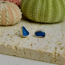 Load image into Gallery viewer, Mid Blue Sea Glass Sterling Silver Studs
