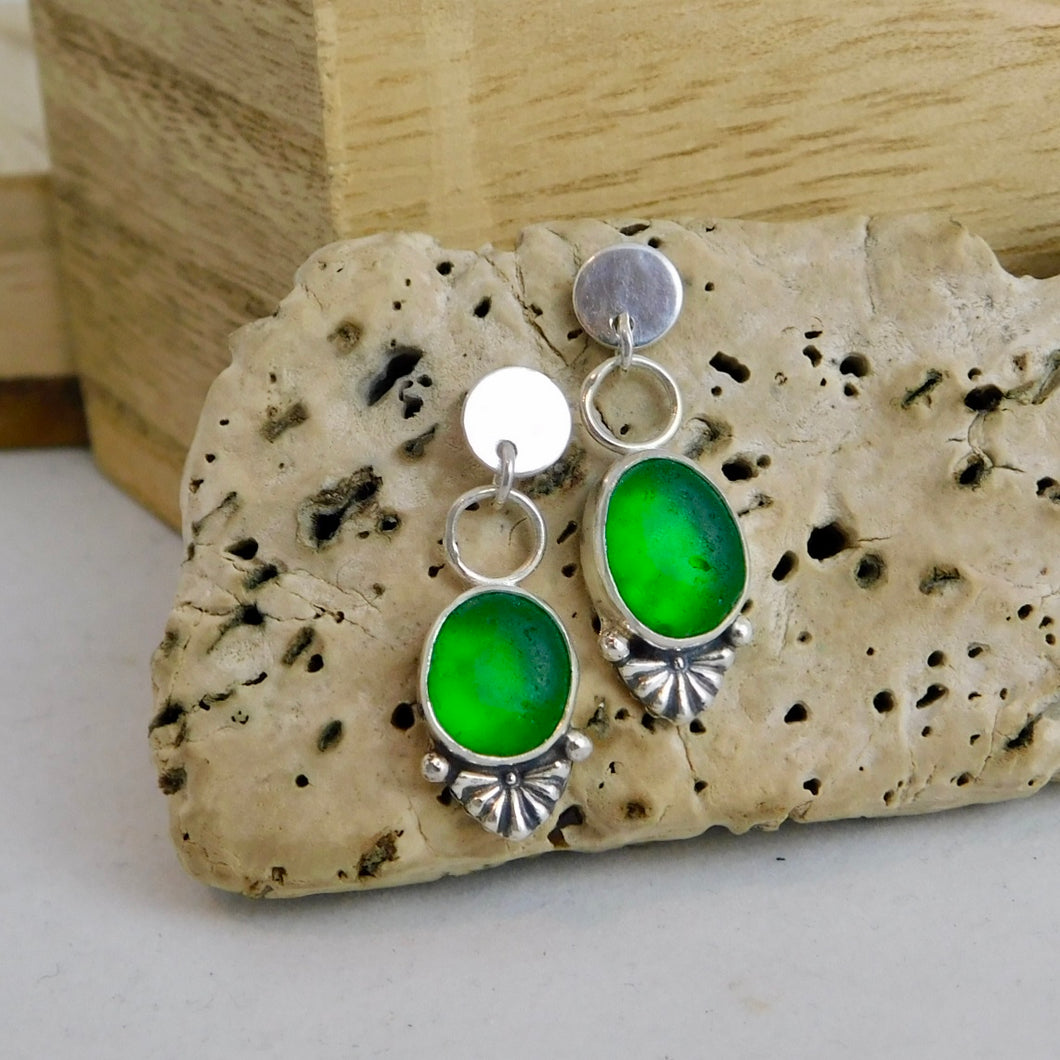 Bright Green Glass Sea Studs Sterling Silver Dangles