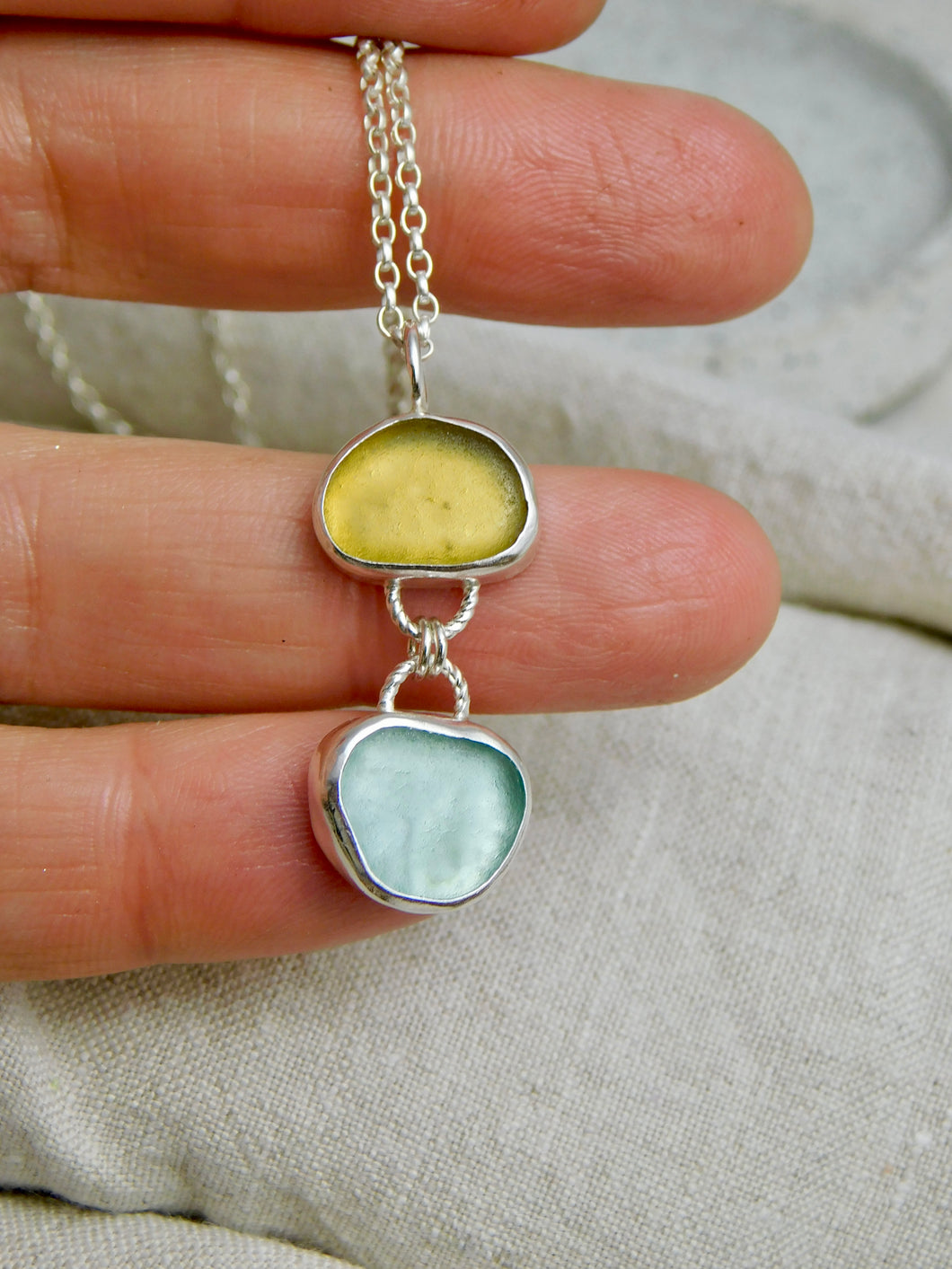 Yellow and Aqua Sea Glass Sterling Silver Pendant