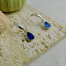 Load image into Gallery viewer, Blue Sea Glass Sterling Silver Hammered Hoop Dangles
