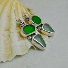 Load image into Gallery viewer, Bright Green and Sea Foam Sea Glass Sterling Silver Dangles
