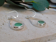 Load image into Gallery viewer, Aqua Sea Glass Pear Shaped Sterling Silver Dangles
