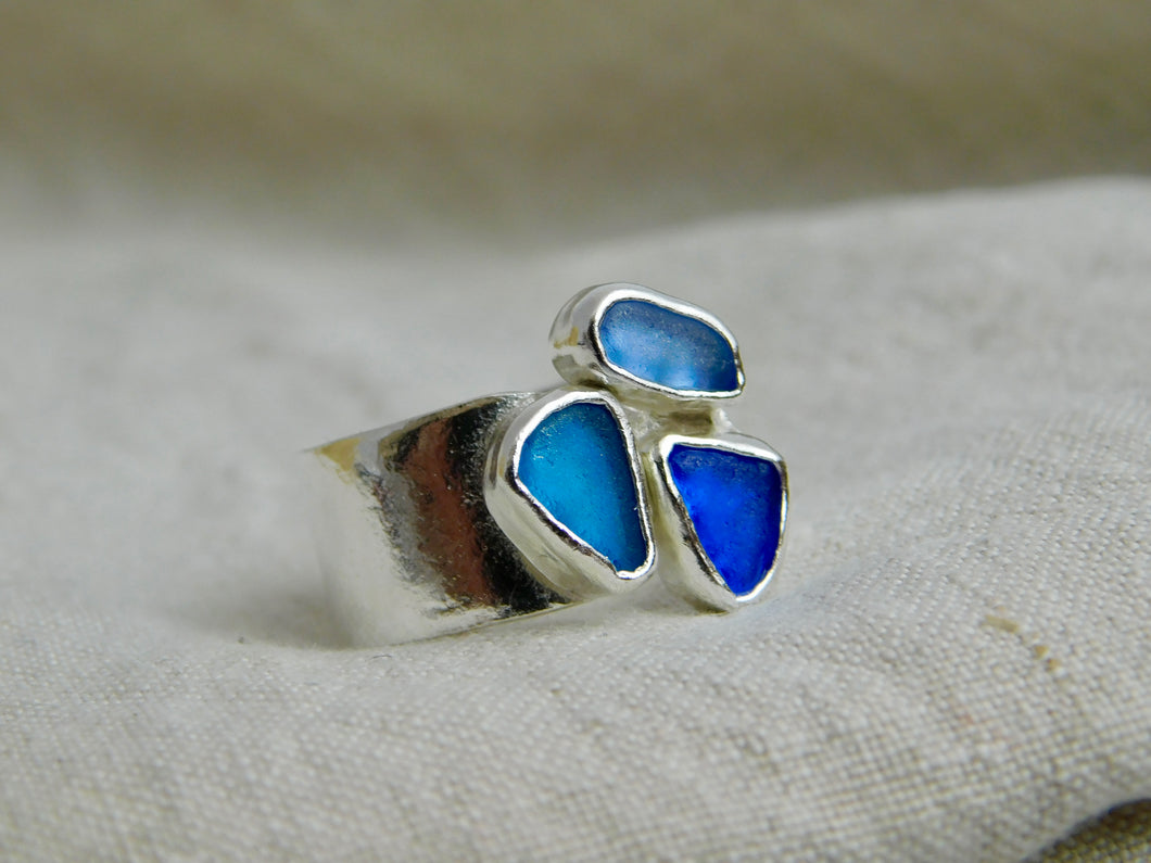 Blue Triple Sea Glass Sterling Silver Cuff Ring