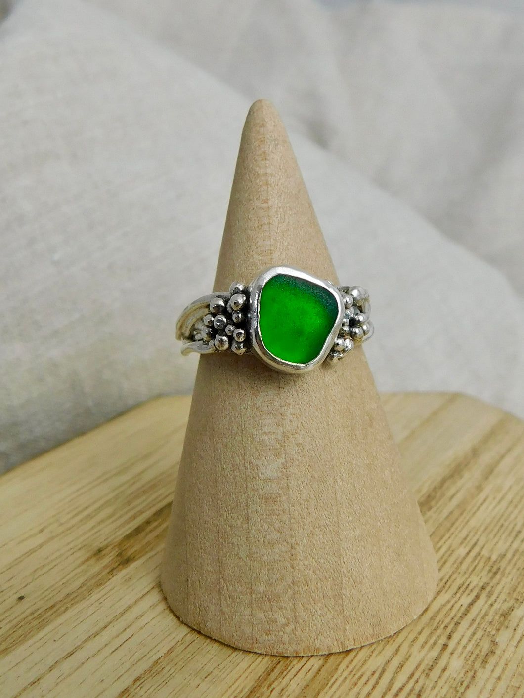 Bright Green Sea Glass Sterling Silver Ring