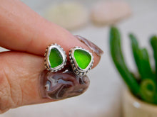 Load image into Gallery viewer, Olive Green Sea Glass Sterling Silver Studs
