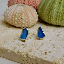 Load image into Gallery viewer, Mid Blue Sea Glass Sterling Silver Studs
