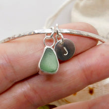 Load image into Gallery viewer, Made to Order Single Sterling Silver Bangle with Sea Glass and Silver Charm
